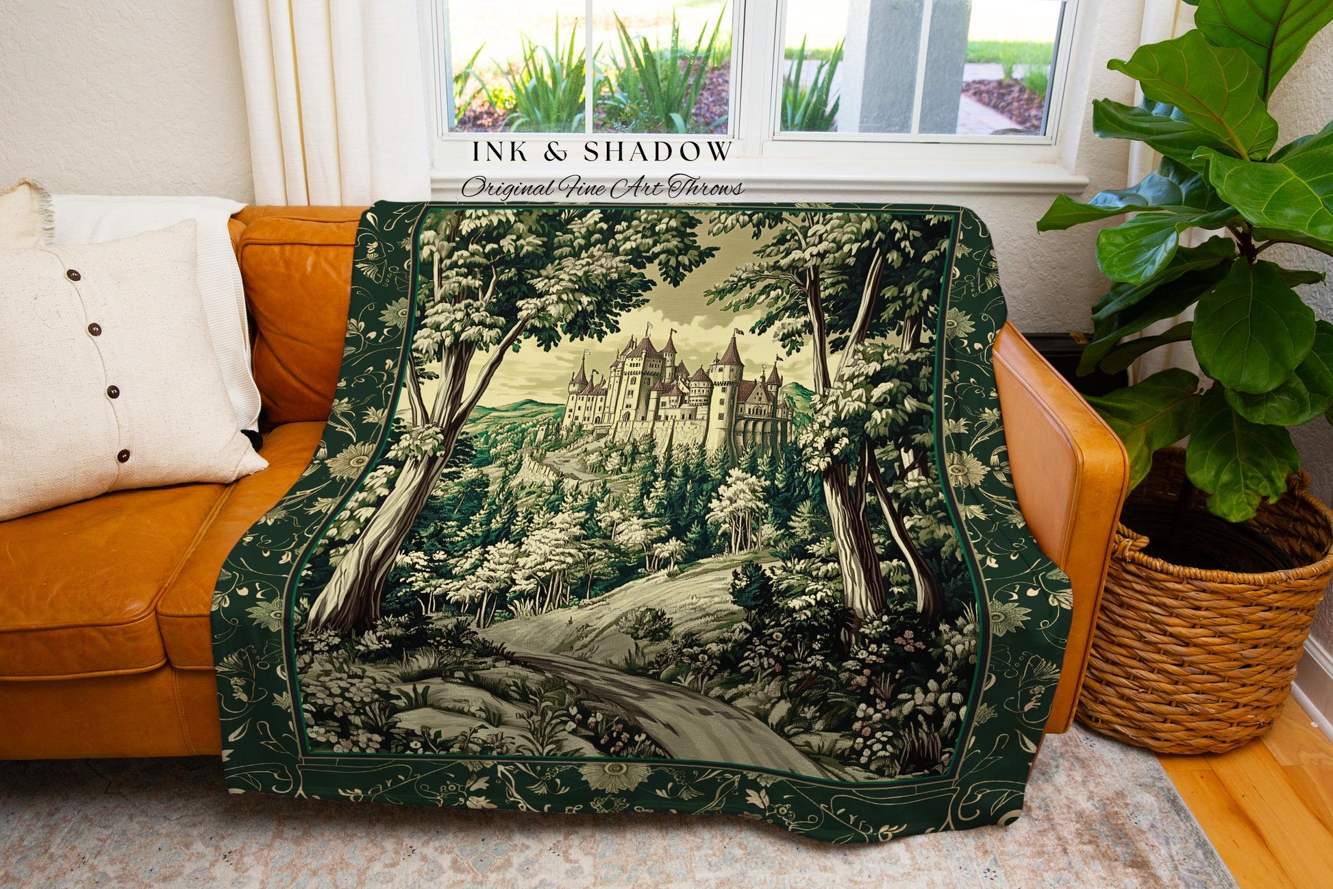 Medieval Castle Woodland Forest Tapestry Blanket Forestcore Dark Academia Fairytale Decor | Fairycore Magical Emerald Green Landscape Throw