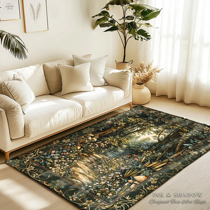 Fairy Meadow Mushroom Forest Rug | Mystic Academia Folklore Inspired Fairycore Aesthetic Accent Rug Magical Bedroom Medieval Home Decor |