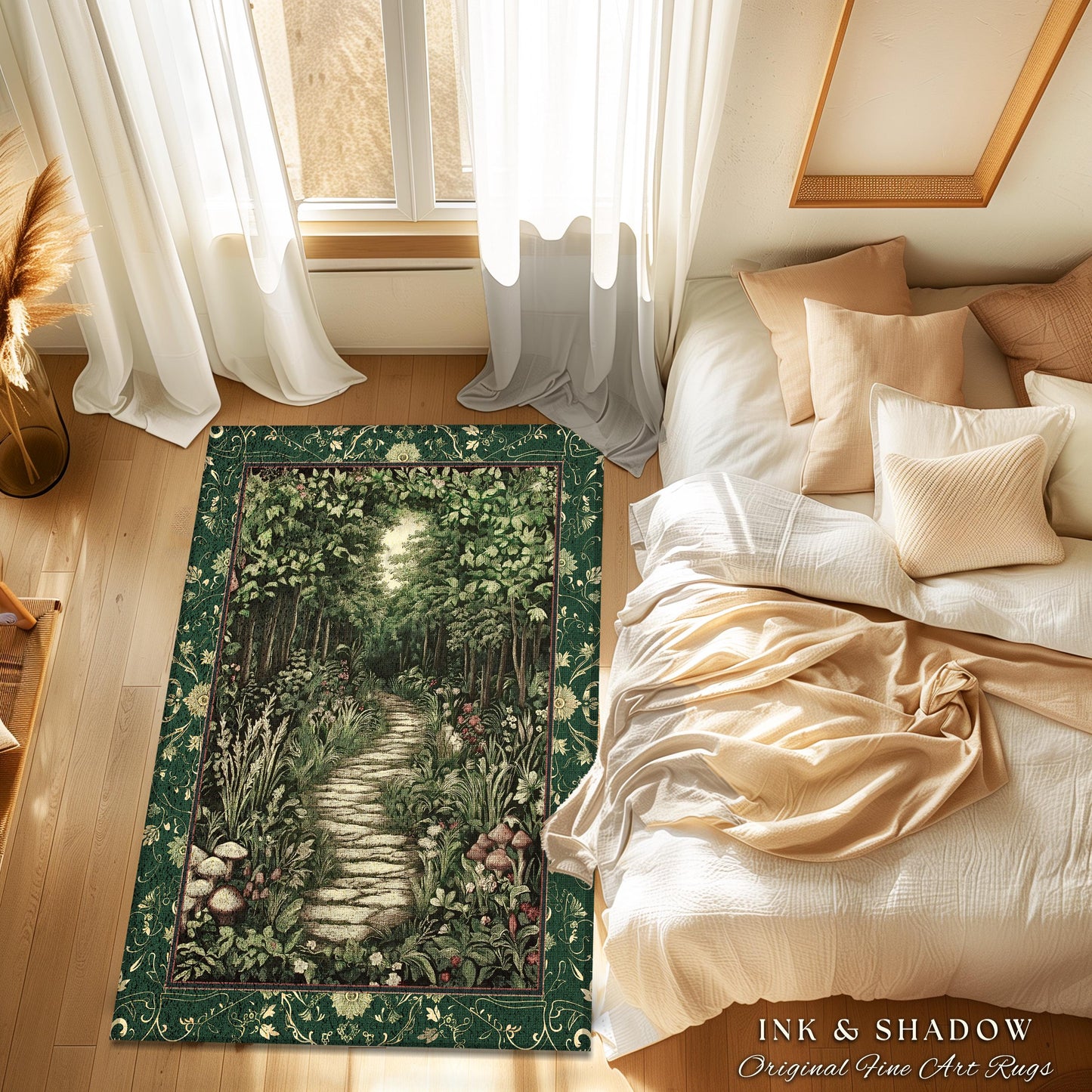 Ethereal Woodland Meadow Rug | Dark Academia Folklore Fairy Core Aesthetic Accent Rug Magical Bedroom Emerald Green Home Decor Botanical |