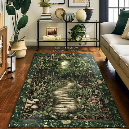 Ethereal Woodland Meadow Rug | Dark Academia Folklore Fairy Core Aesthetic Accent Rug Magical Bedroom Emerald Green Home Decor Botanical |