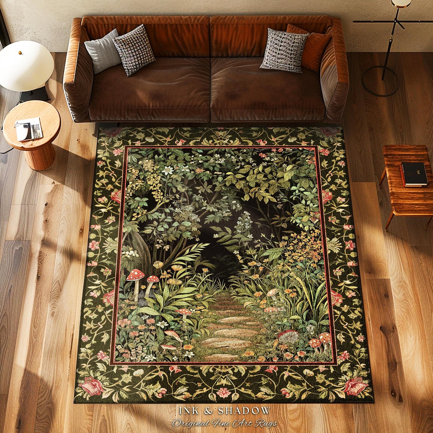 Toadstool Forest Mystical Mushroom Rug | Dark Academia Folklore Forest Inspired Fairycore Botanical Aesthetic Accent Rug Magical Medieval