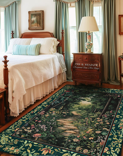 Woodland Forest Cottagecore Kitchen Rug | Fairycore Aesthetic Magical Woodland Entryway Emerald Green Home Decor Whimsigothic Floor Mat Long