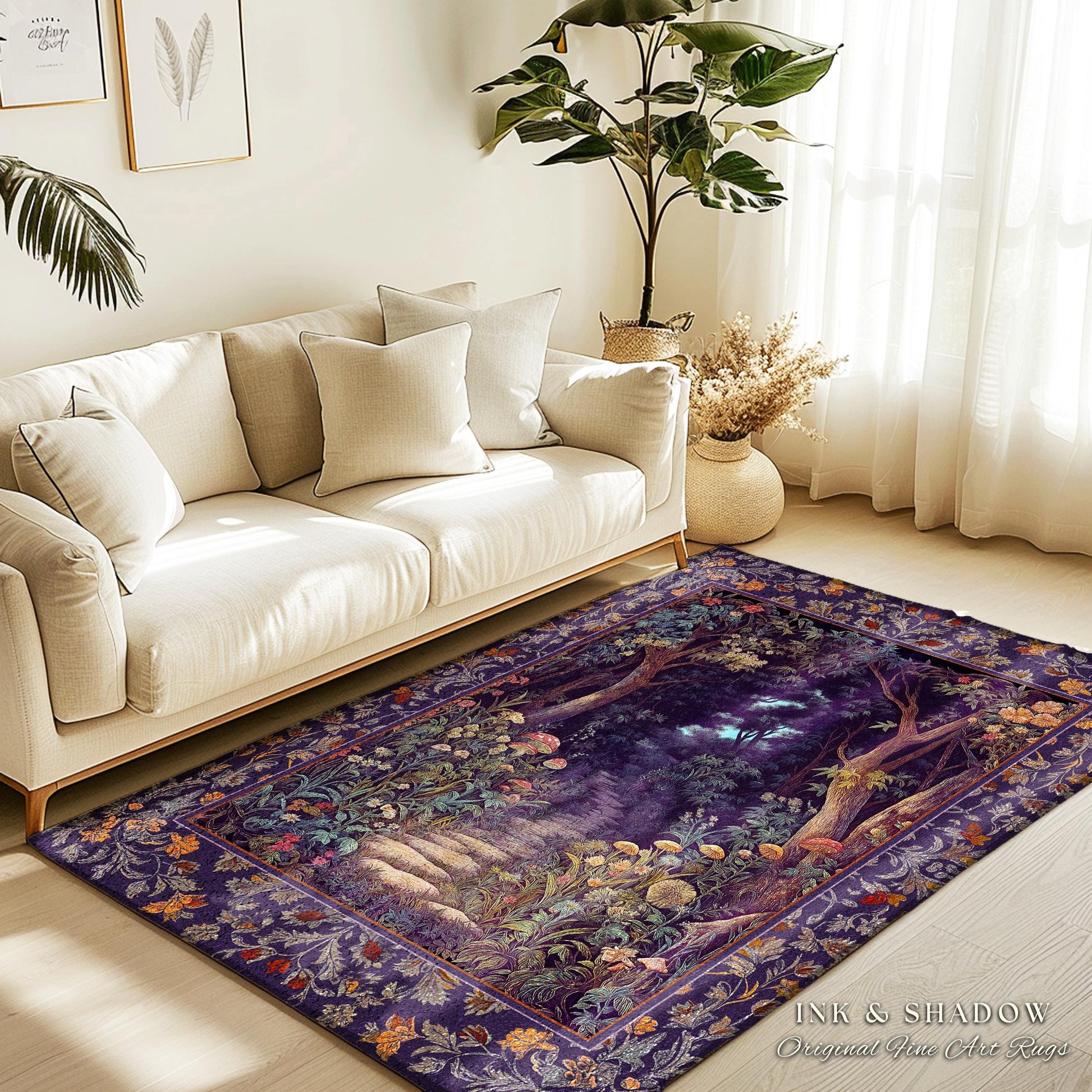 Magical Woodland Mushroom Rug | Fairytale Theme Woodland Botanical Aesthetic Whimsical Home Decor Bedroom Housewarming Gift Purple Woods |