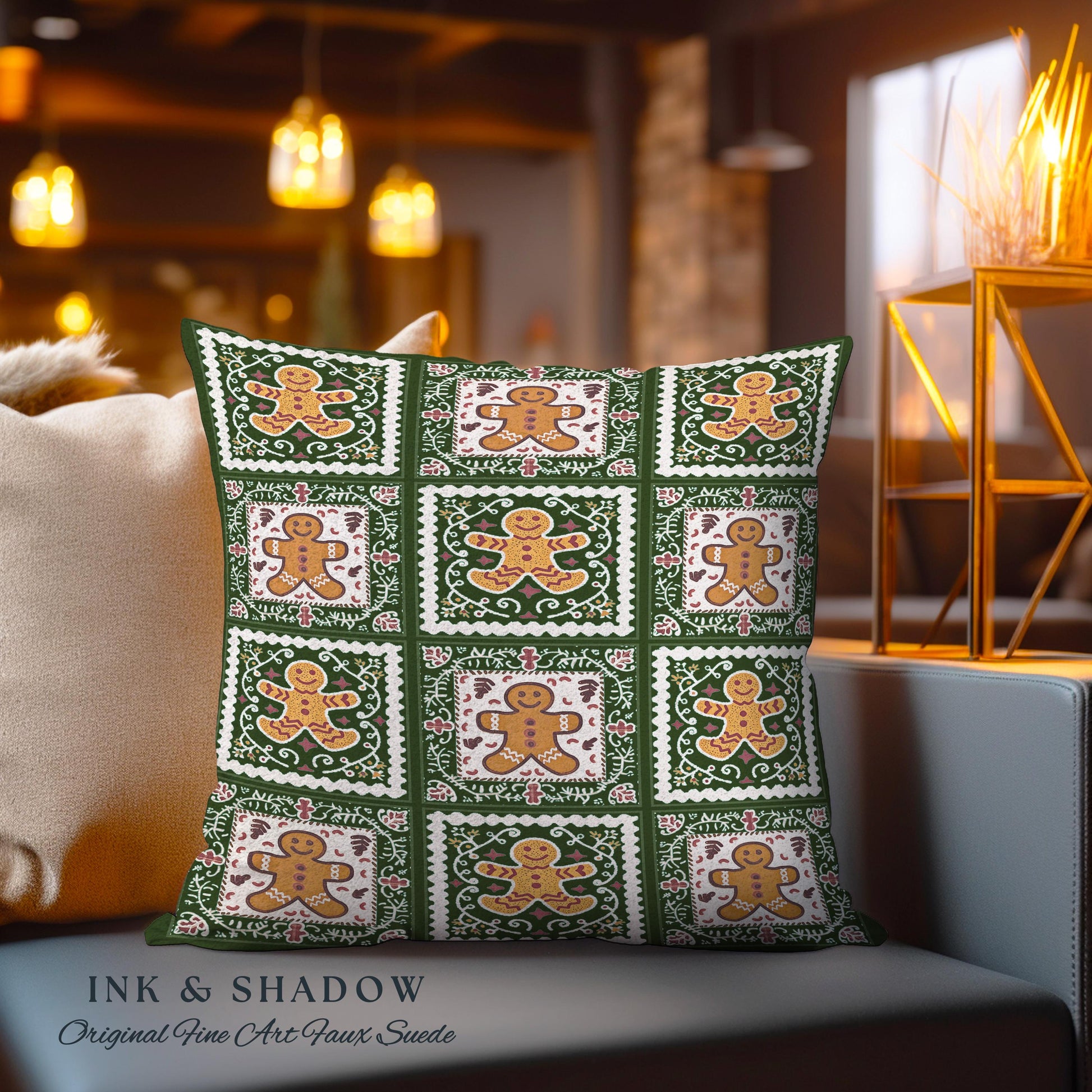 Rustic Farmhouse Patchwork Gingerbread Festive Folk Art Tapestry Pillow | Vintage Forest Green Checker Cushion Cozy Christmas Cottage Gift