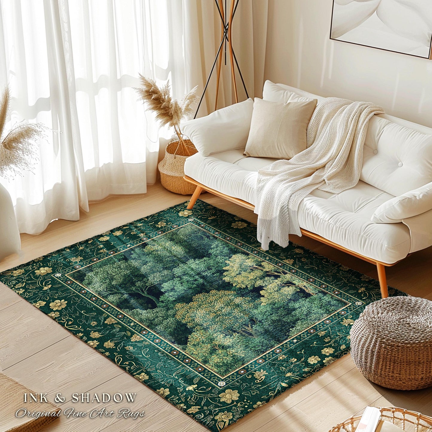 Lush Botanical Green Area Rug | Forest Theme Woodsy Aesthetic Living Room Green Home Decor Housewarming Gift Emerald Green Bedroom Floor Mat