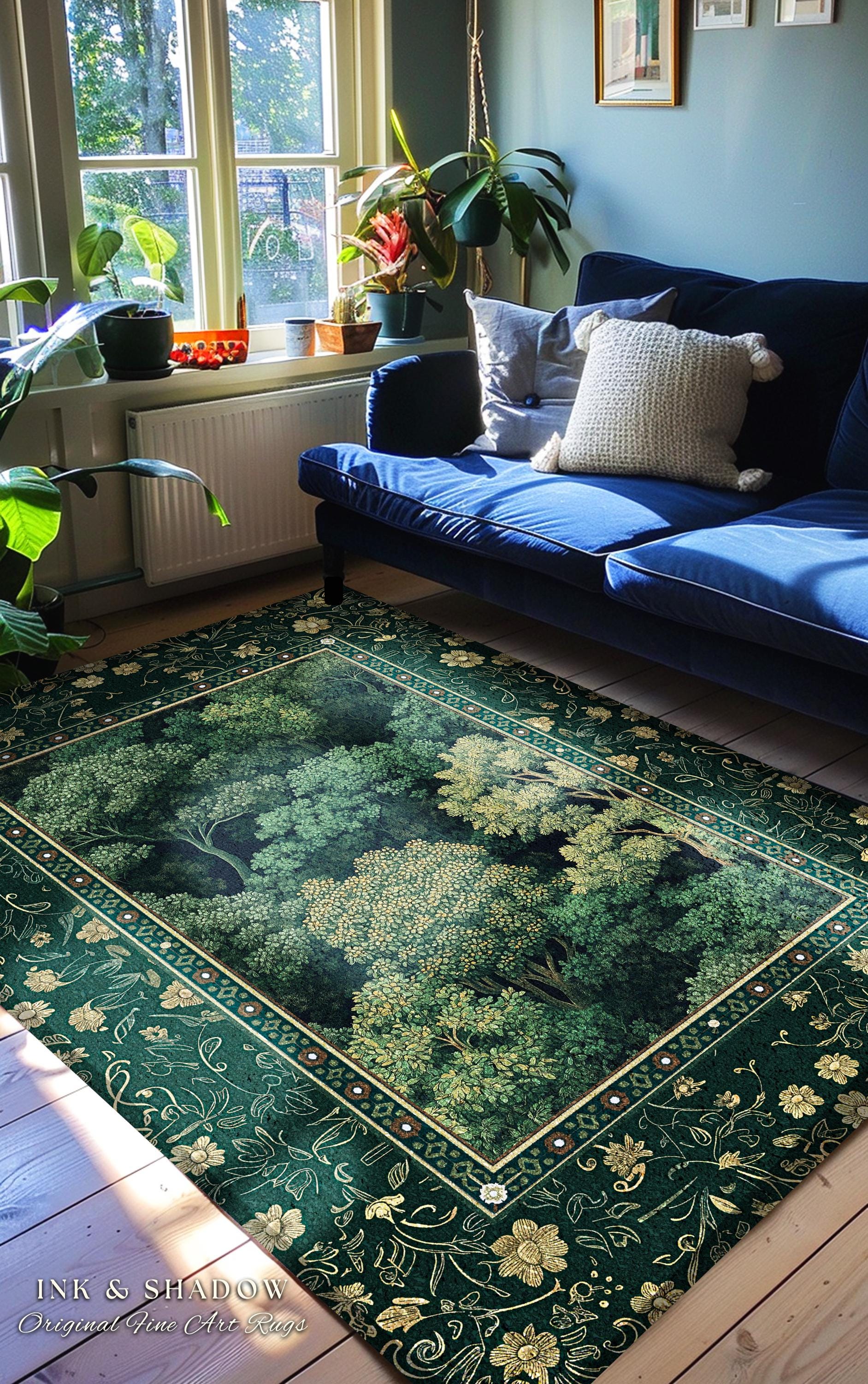 Lush Botanical Green Area Rug | Forest Theme Woodsy Aesthetic Living Room Green Home Decor Housewarming Gift Emerald Green Bedroom Floor Mat