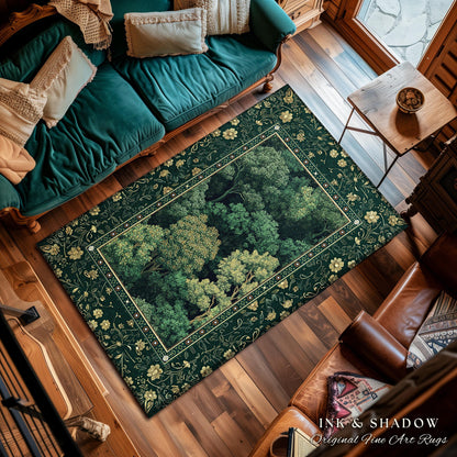 Lush Botanical Green Area Rug | Forest Theme Woodsy Aesthetic Living Room Green Home Decor Housewarming Gift Emerald Green Bedroom Floor Mat