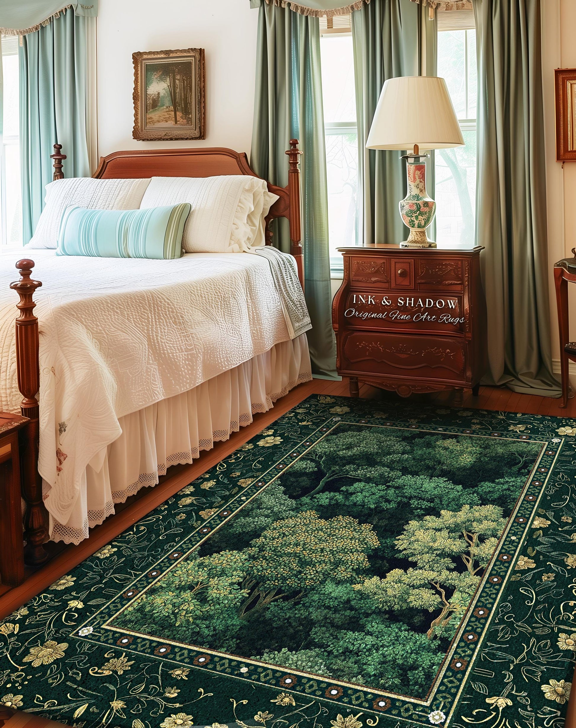 Lush Botanical Green Round Area Rug | Forest Theme Woodsy Aesthetic Living Room Green Home Decor Housewarming Gift Emerald Green Bedroom Mat
