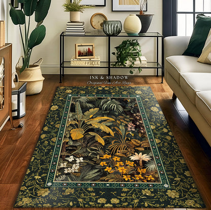 Whimsical Botanical Jungle Rug | Forest Aesthetic Woodland Living Room Mystical Home Decor Plant Themed Ethereal Bedroom Mat Book Nook Rug