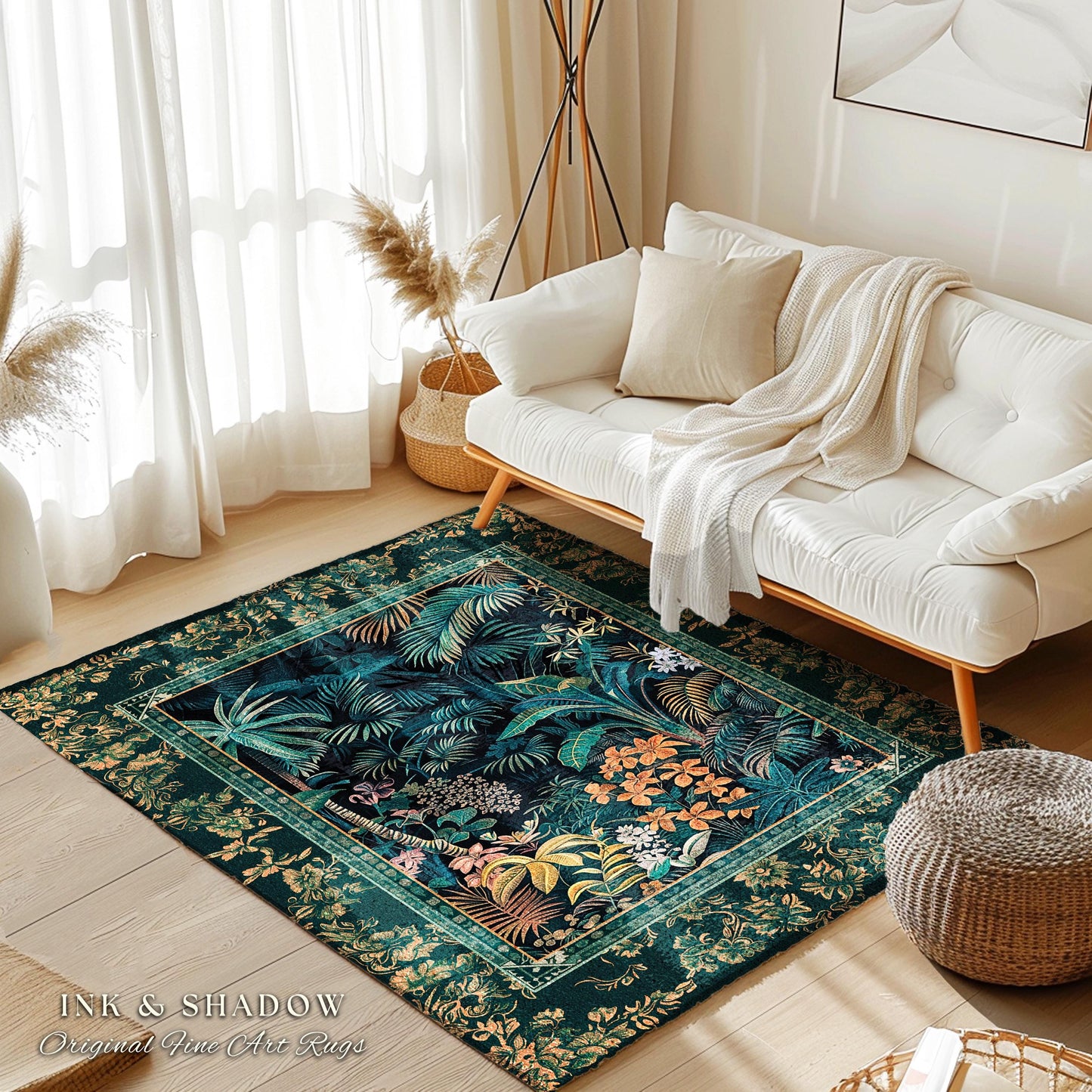 Jungle Foliage Botanical Accent Rug | Bohemian Aesthetic Woodland Living Room Emerald Green Home Decor Plant Themed Indie Bedroom Floor Mat