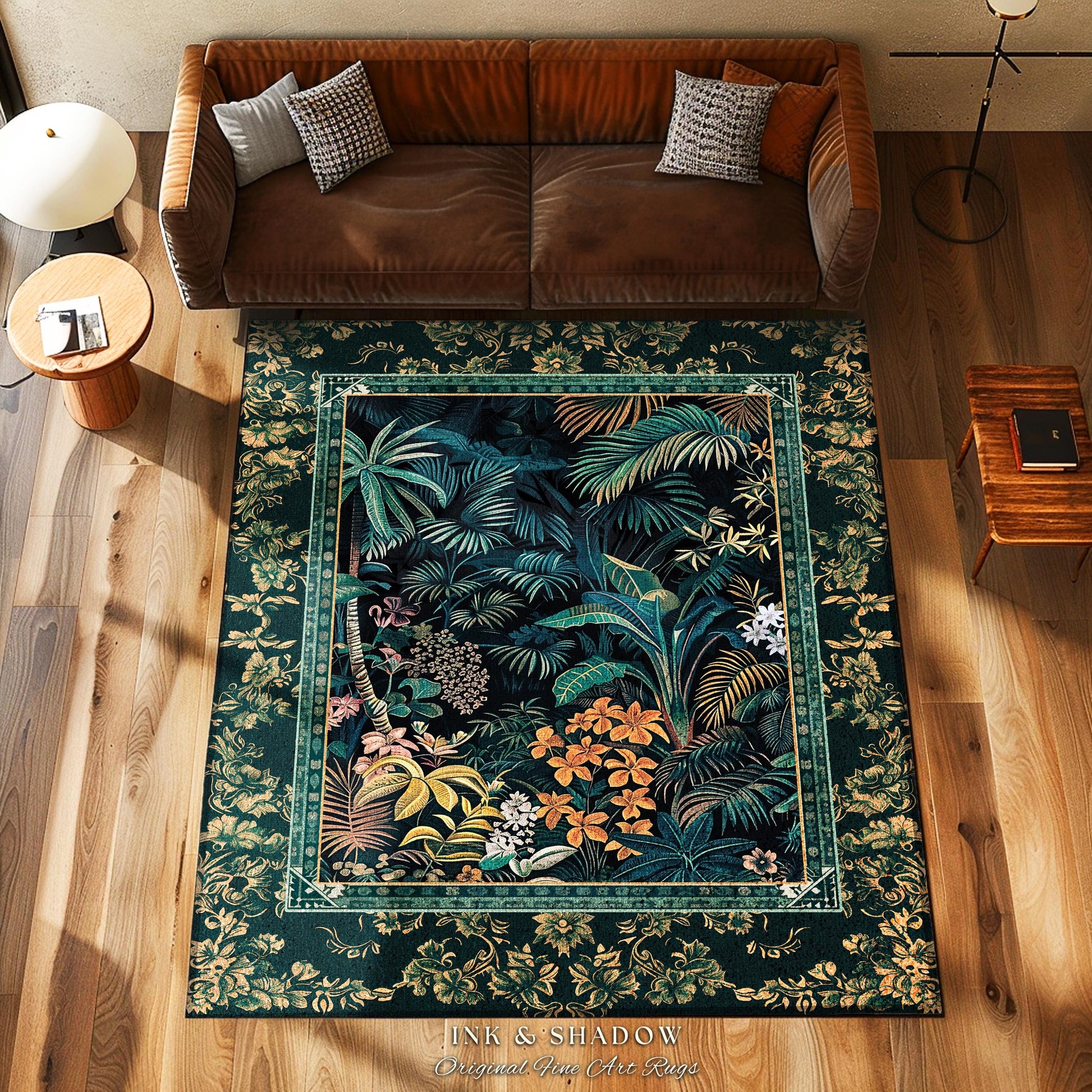 Jungle Foliage Botanical Accent Rug | Bohemian Aesthetic Woodland Living Room Emerald Green Home Decor Plant Themed Indie Bedroom Floor Mat