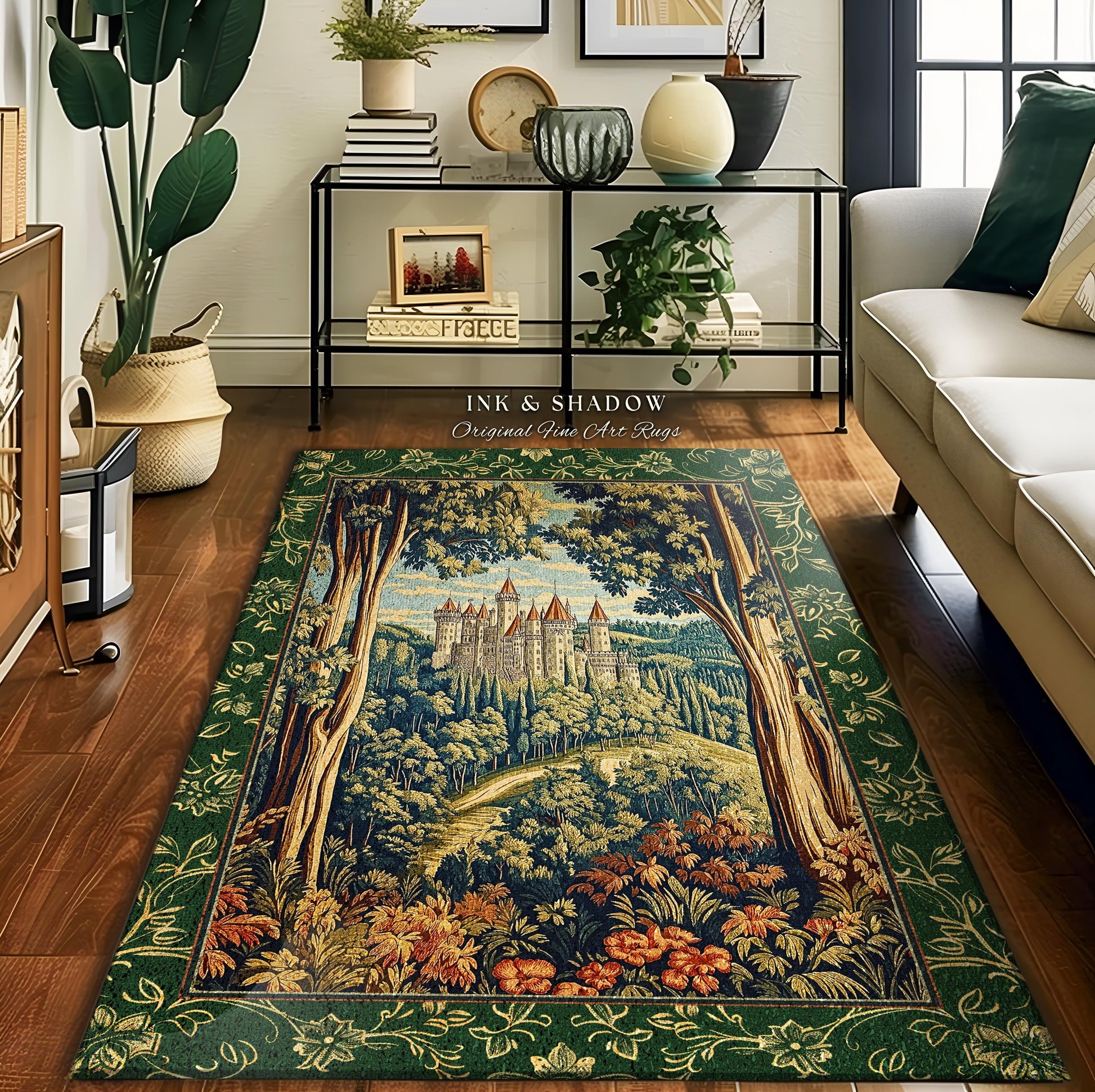 Fairytale Aesthetic Castle Rug | Fairycore Area Rug Folklore Inspired Magical Woodland Bedroom Decor Whimsigothic Mat Ethereal Botanical |