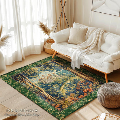 Fairytale Aesthetic Castle Rug | Fairycore Area Rug Folklore Inspired Magical Woodland Bedroom Decor Whimsigothic Mat Ethereal Botanical |