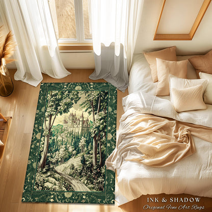 Medieval Castle Woodland Forest Rug | Forestcore Dark Academia Fairytale Inspired Fairycore Aesthetic Accent Rug Magical Emerald Home Decor