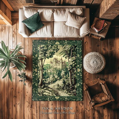 Medieval Castle Woodland Forest Rug | Forestcore Dark Academia Fairytale Inspired Fairycore Aesthetic Accent Rug Magical Emerald Home Decor