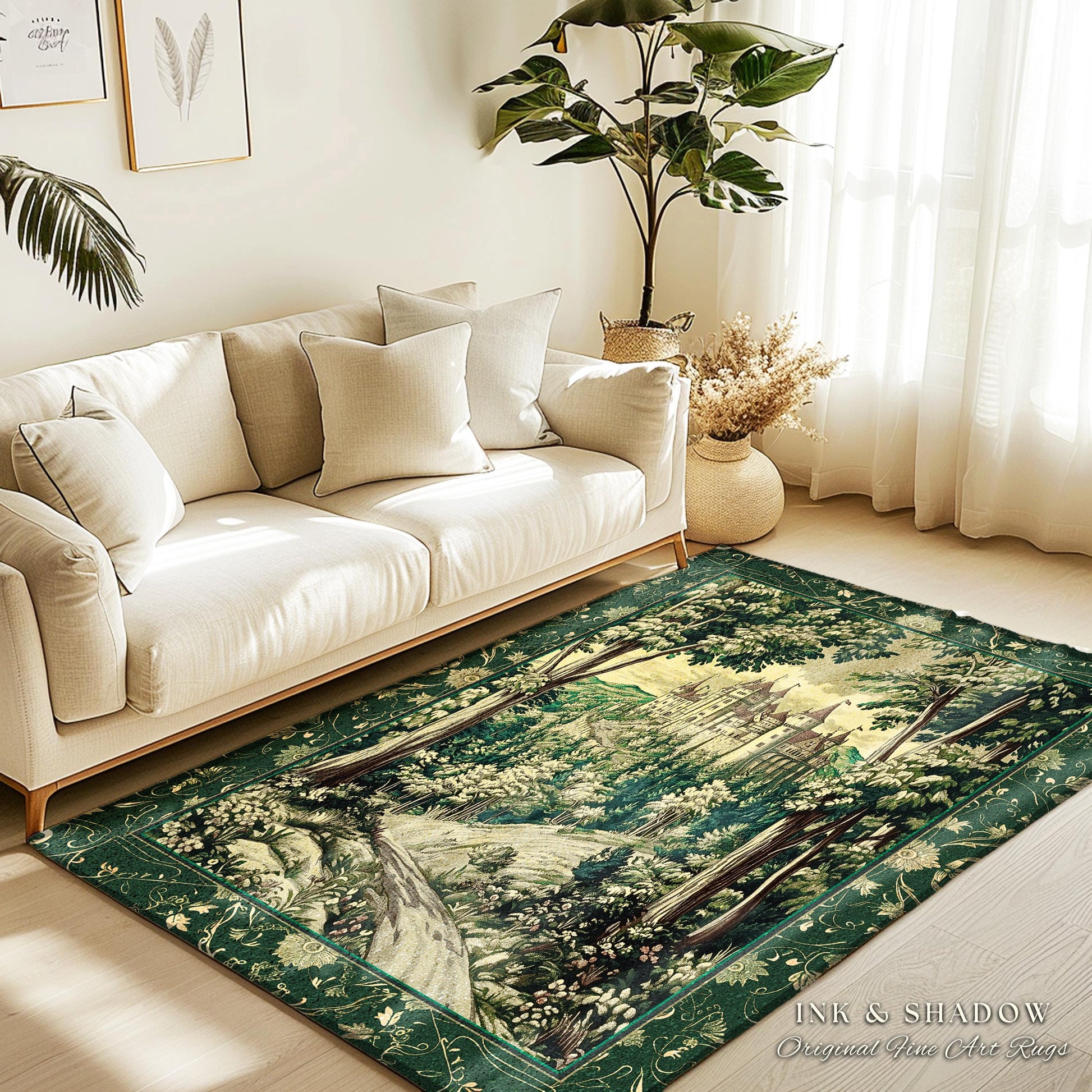 Medieval Castle Woodland Forest Rug | Forestcore Dark Academia Fairytale Inspired Fairycore Aesthetic Accent Rug Magical Emerald Home Decor