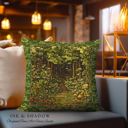 Fairytale Forest Botanical Throw Pillow | Mystic Aesthetic Woodland Home Magical Decor Plant Loving Bedroom Housewarming Gift Emerald Woods