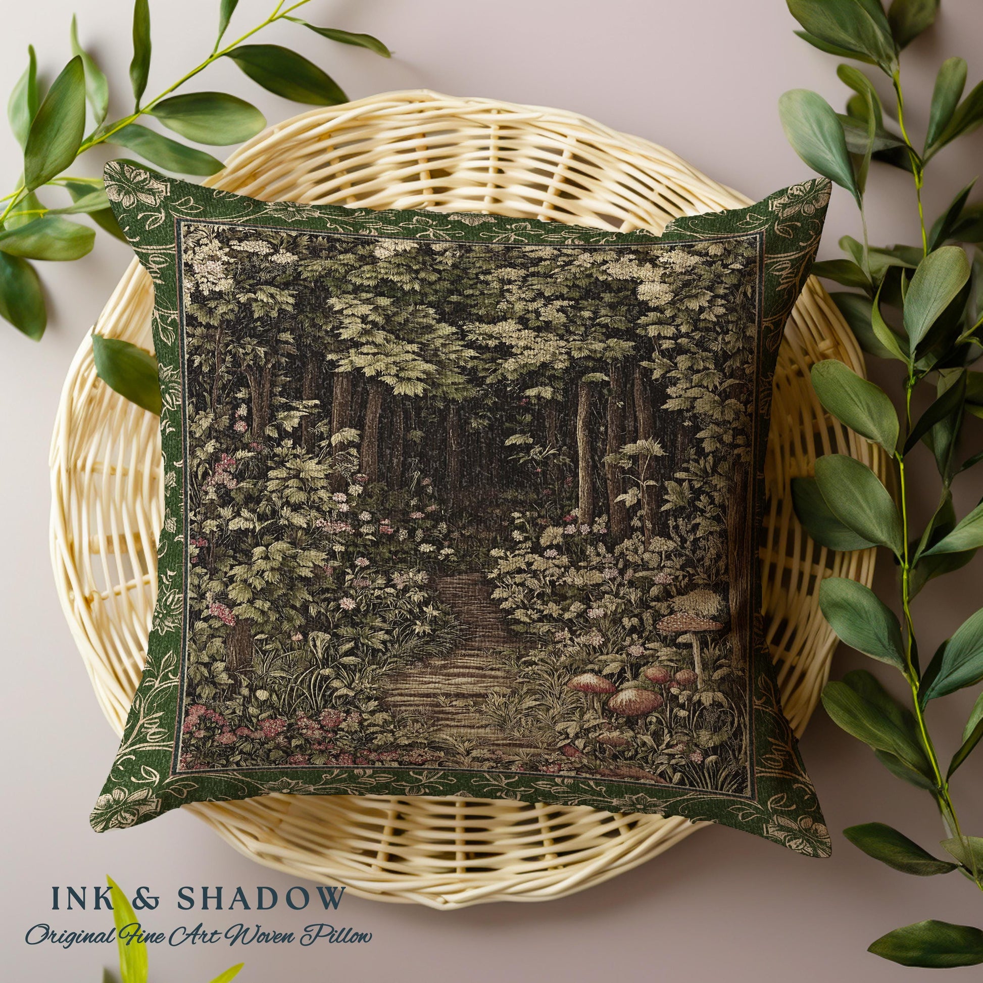 Fairytale Forest Botanical Throw Pillow | Mystic Aesthetic Woodland Home Magical Decor Plant Loving Bedroom Housewarming Gift Emerald Woods