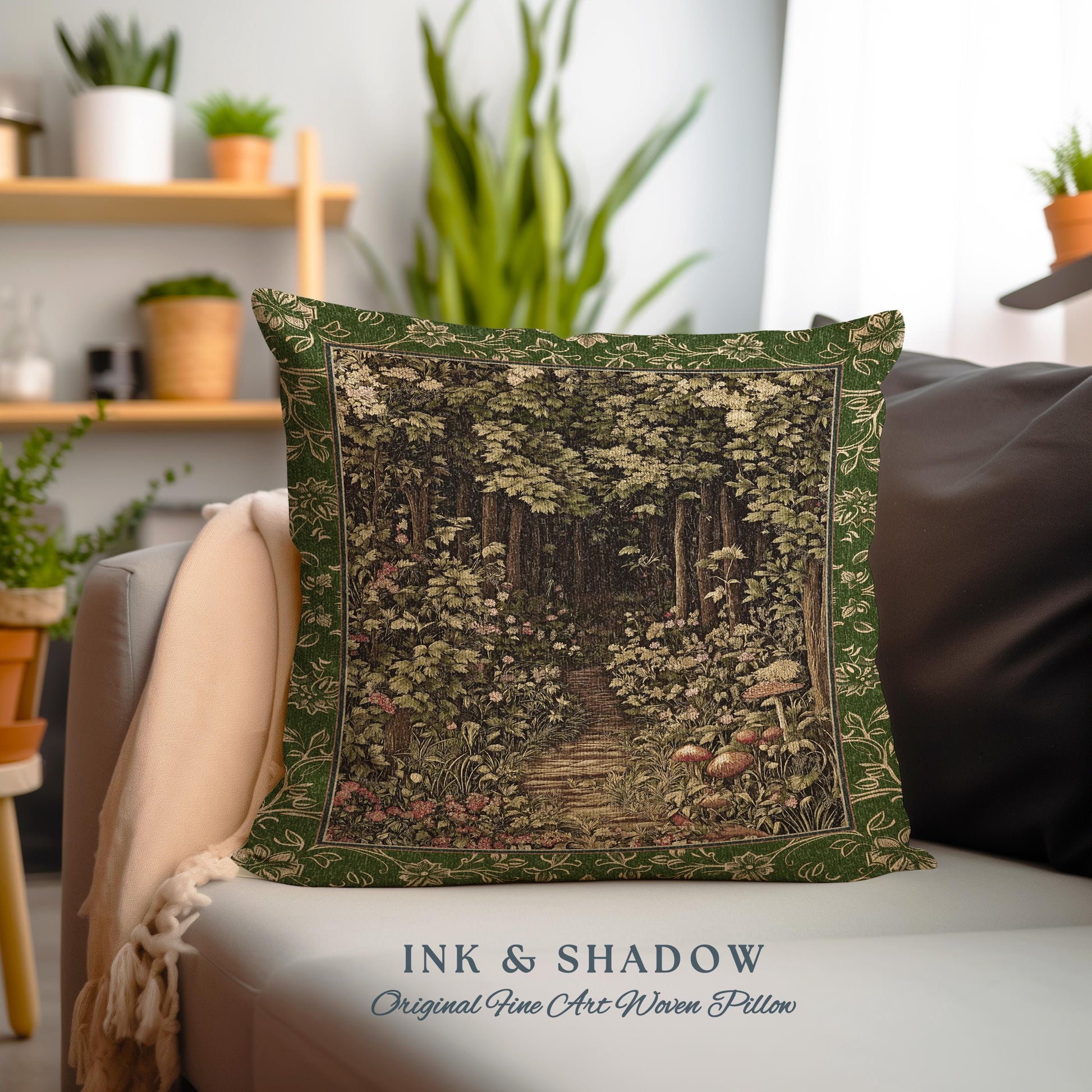 Fairytale Forest Botanical Throw Pillow | Mystic Aesthetic Woodland Home Magical Decor Plant Loving Bedroom Housewarming Gift Emerald Woods