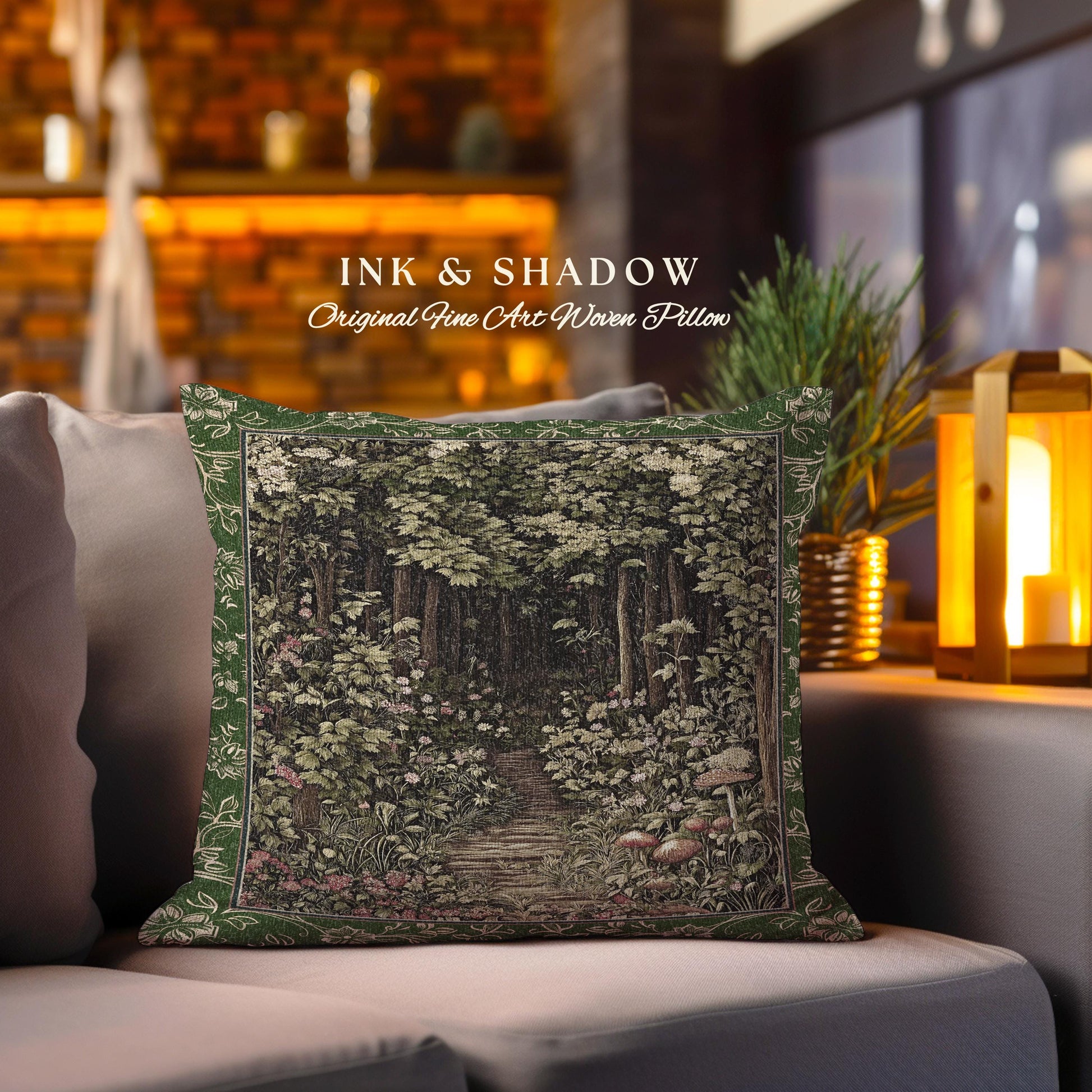 Fairytale Forest Botanical Throw Pillow | Mystic Aesthetic Woodland Home Magical Decor Plant Loving Bedroom Housewarming Gift Emerald Woods