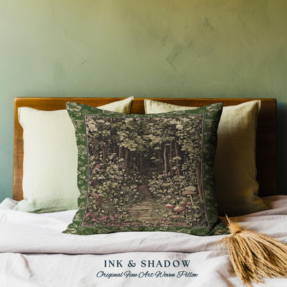 Fairytale Forest Botanical Throw Pillow | Mystic Aesthetic Woodland Home Magical Decor Plant Loving Bedroom Housewarming Gift Emerald Woods