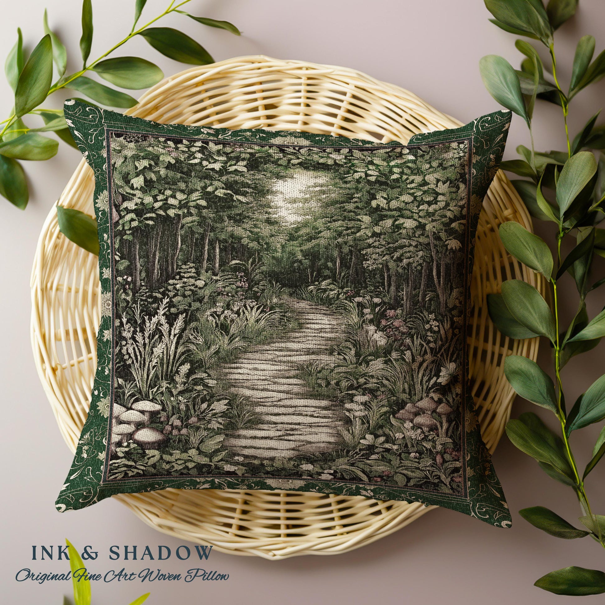 Ethereal Woodland Meadow Tapestry Pillow | Dark Academia Folklore Fairy Core Aesthetic Cushion Magical Bedroom Emerald Green Home Decor |