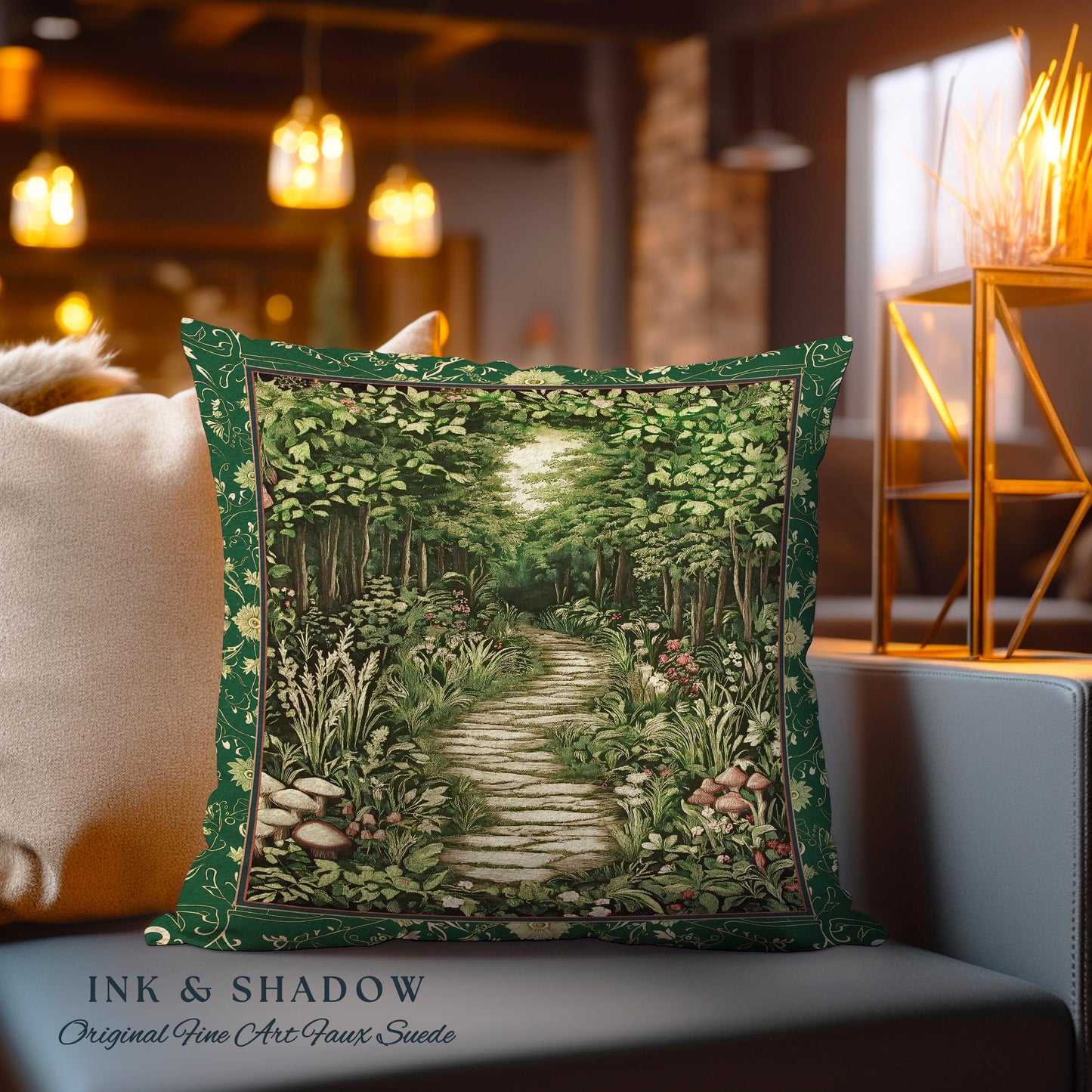 Ethereal Woodland Meadow Tapestry Pillow | Dark Academia Folklore Fairy Core Aesthetic Cushion Magical Bedroom Emerald Green Home Decor |