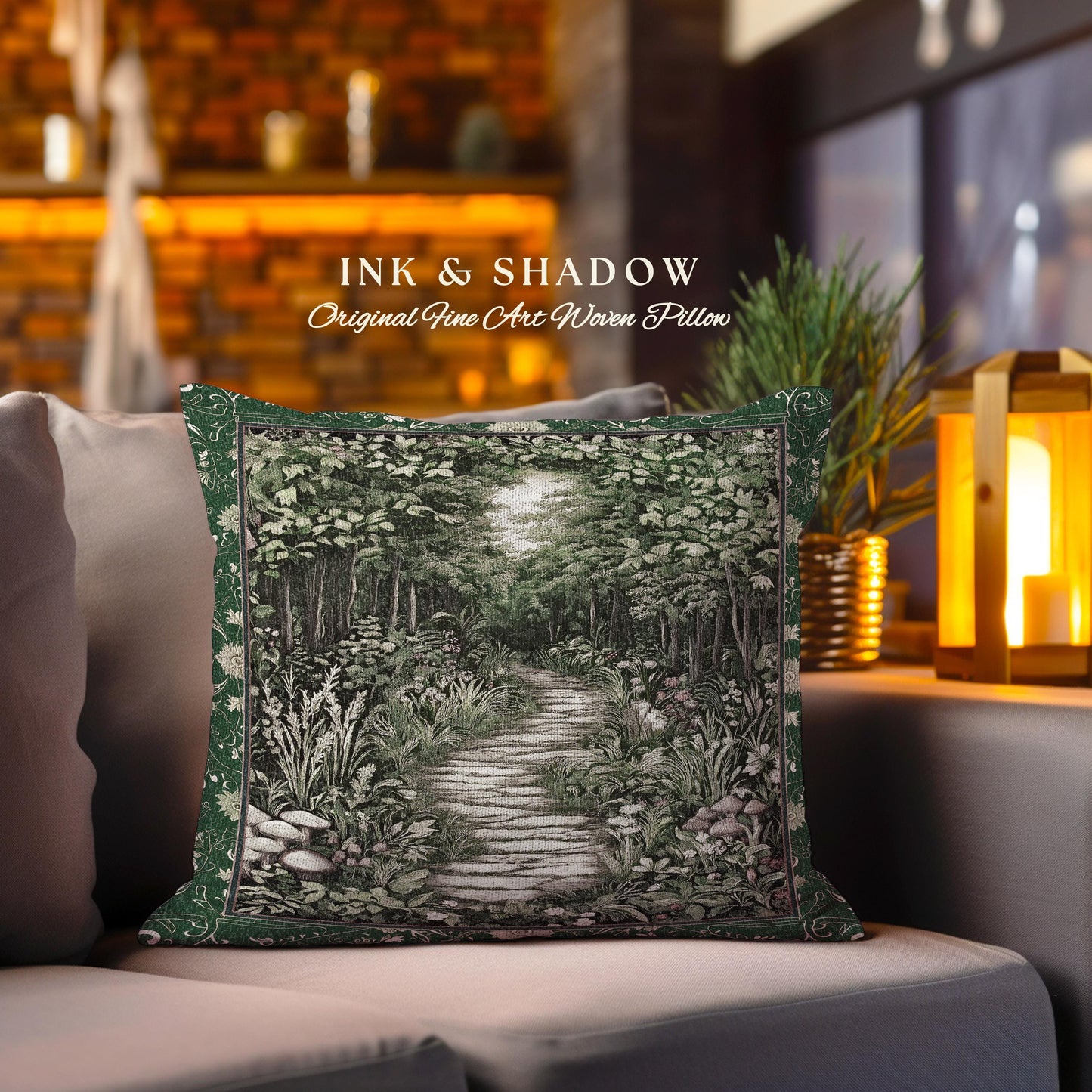 Ethereal Woodland Meadow Tapestry Pillow | Dark Academia Folklore Fairy Core Aesthetic Cushion Magical Bedroom Emerald Green Home Decor |