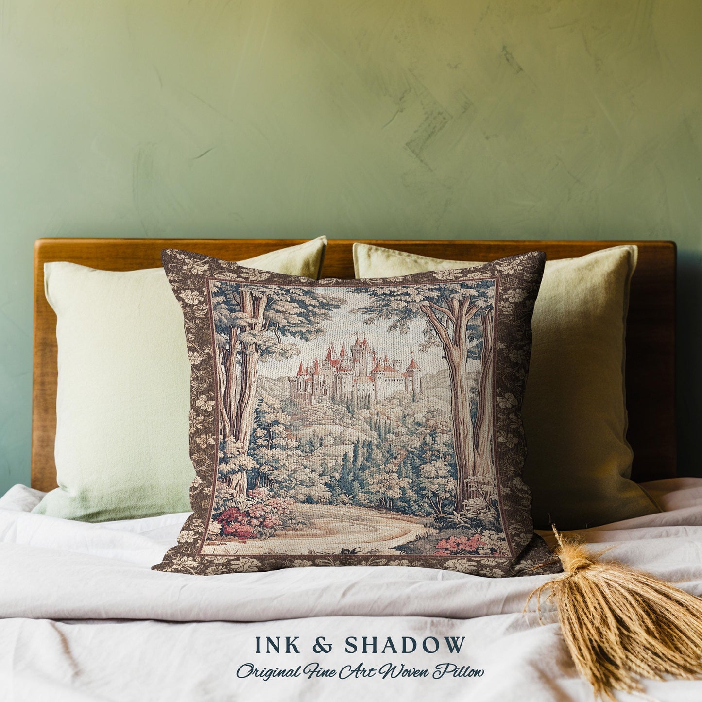 Book Nook Fairytale Castle Tapestry Pillow Woodland Fairycore Bohemian Folklore Aesthetic Magical Landscape Forestcore Dark Academia Cushion