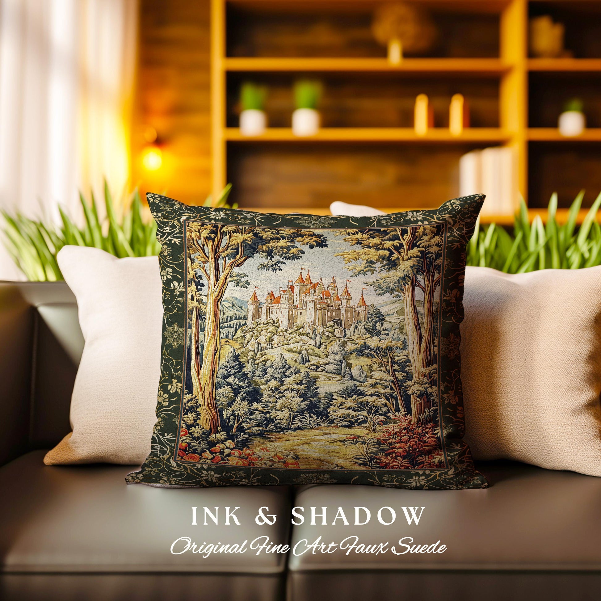 Mystic Castle Book Nook Tapestry Pillow Ethereal Fairycore Folklore Aesthetic | Magical Woodland Botanical Cushion Dark Academia Indie Decor