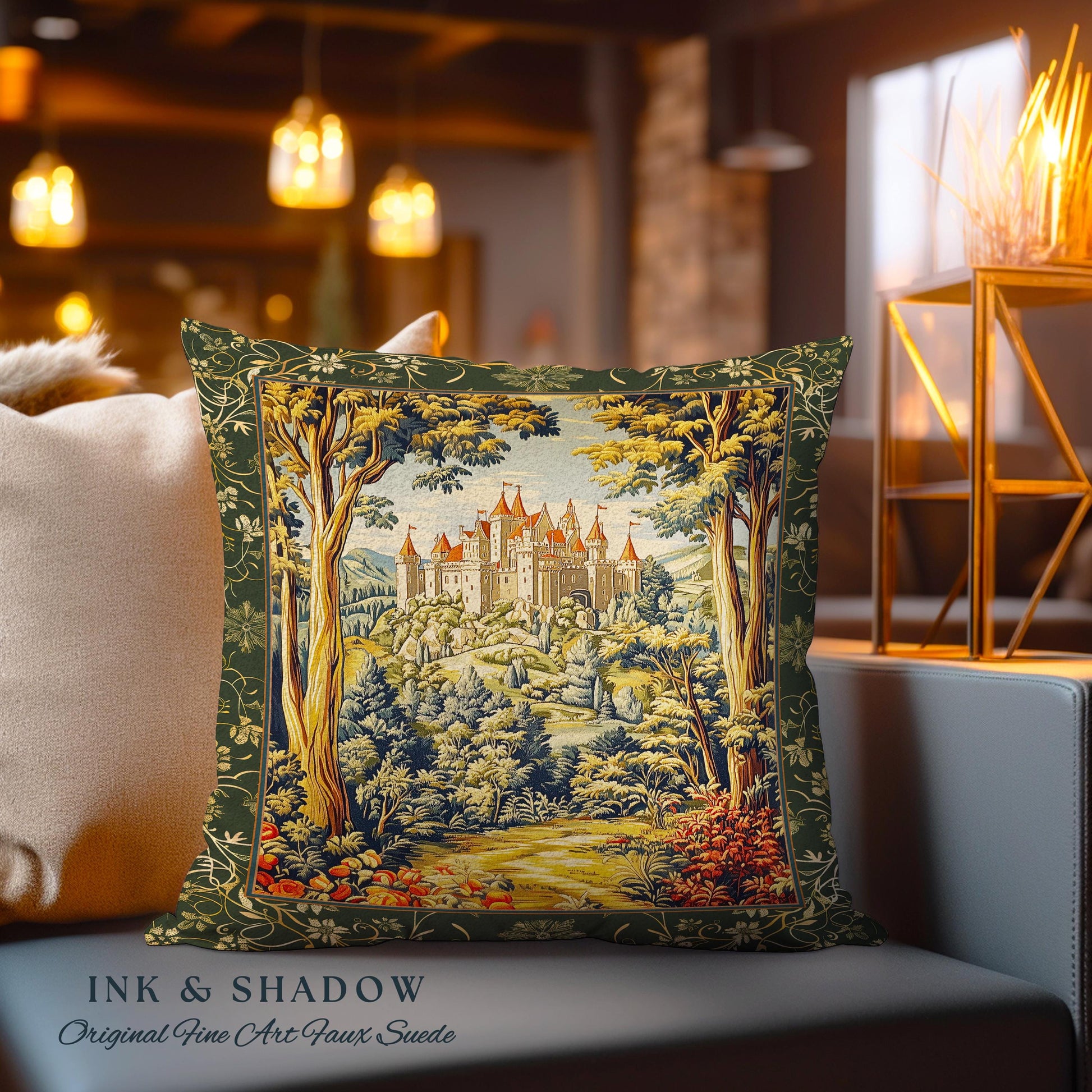 Mystic Castle Book Nook Tapestry Pillow Ethereal Fairycore Folklore Aesthetic | Magical Woodland Botanical Cushion Dark Academia Indie Decor