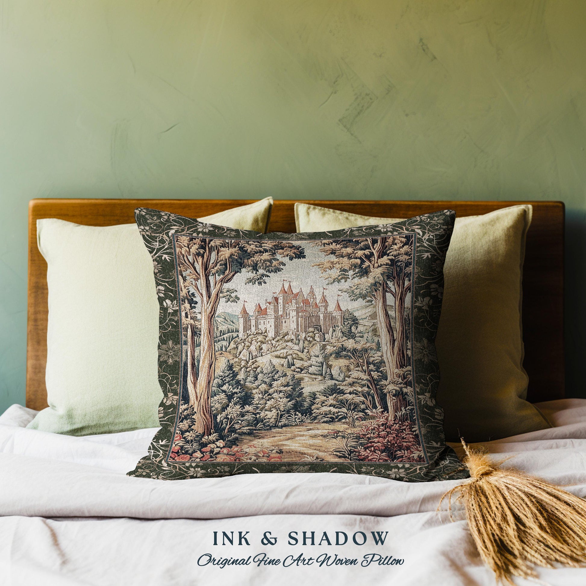 Mystic Castle Book Nook Tapestry Pillow Ethereal Fairycore Folklore Aesthetic | Magical Woodland Botanical Cushion Dark Academia Indie Decor