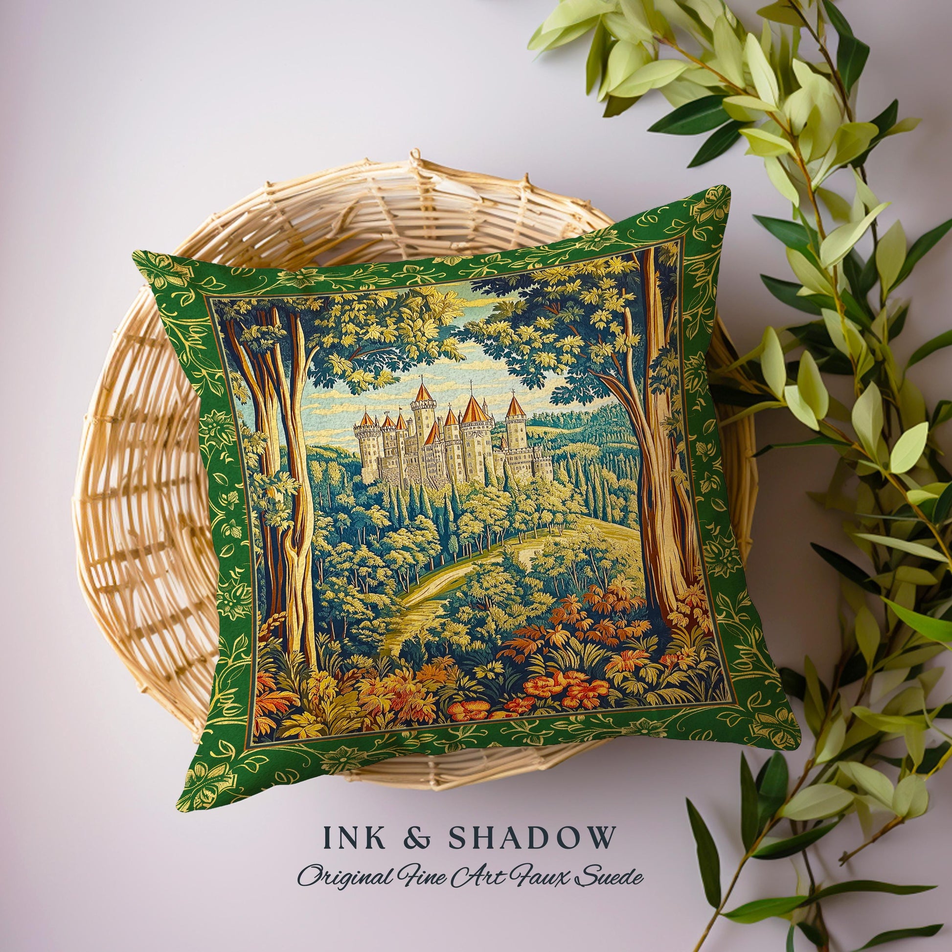 Fairytale Aesthetic Castle Tapestry Pillow Fairycore Folklore Inspired Decor | Magical Woodland Bedroom Whimsigothic Ethereal Forest Cushion