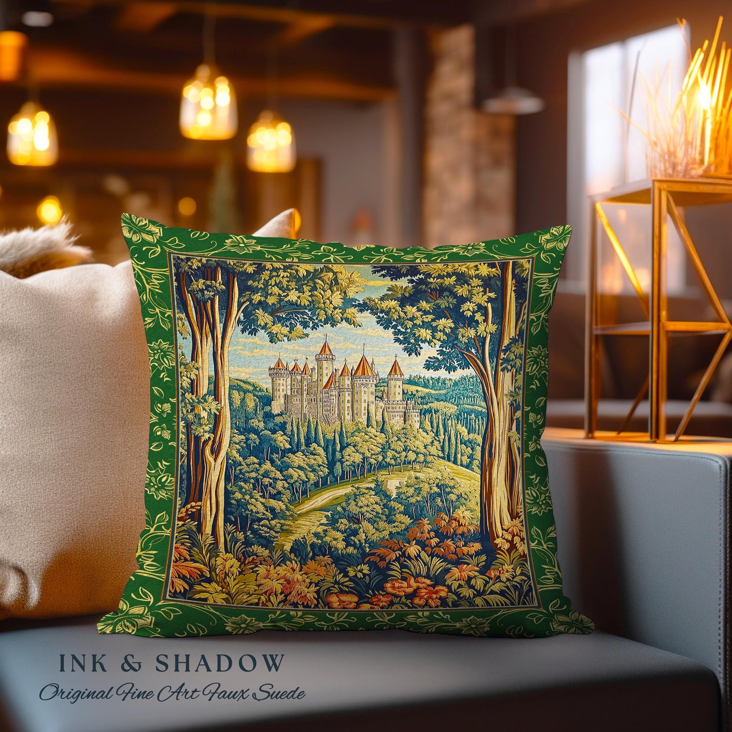 Fairytale Aesthetic Castle Tapestry Pillow Fairycore Folklore Inspired Decor | Magical Woodland Bedroom Whimsigothic Ethereal Forest Cushion