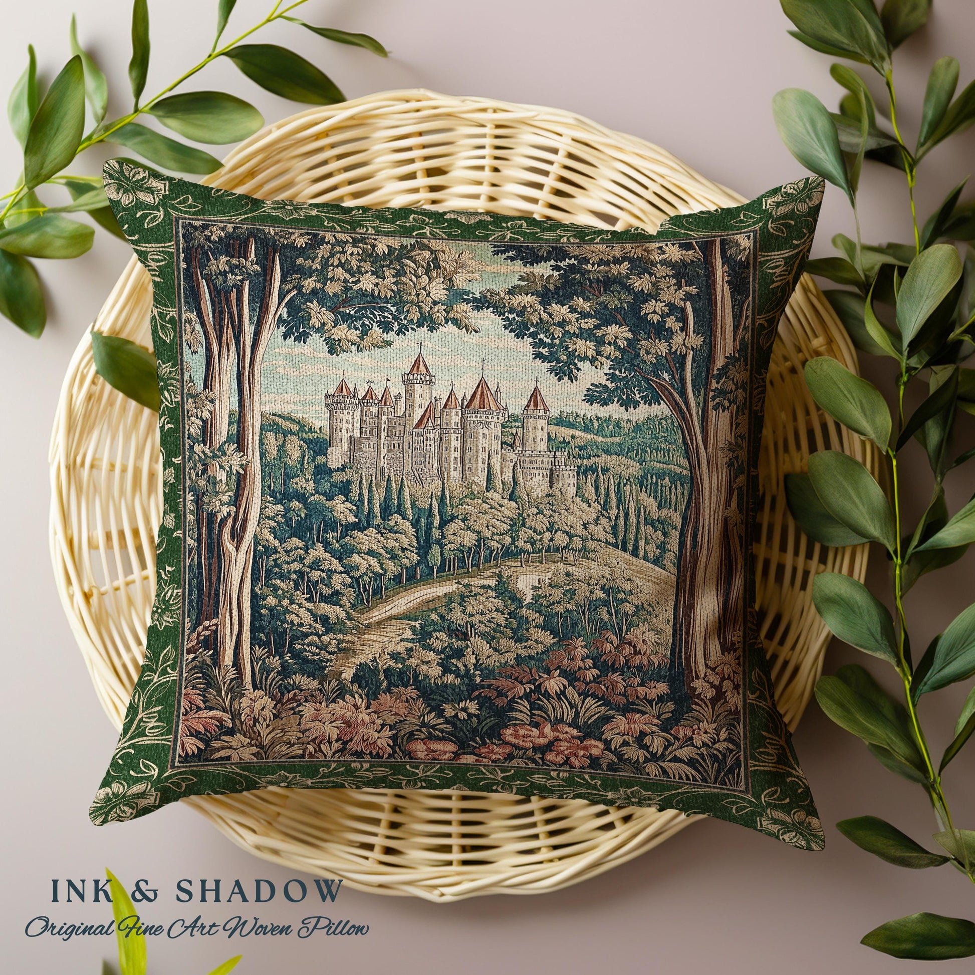 Fairytale Aesthetic Castle Tapestry Pillow Fairycore Folklore Inspired Decor | Magical Woodland Bedroom Whimsigothic Ethereal Forest Cushion