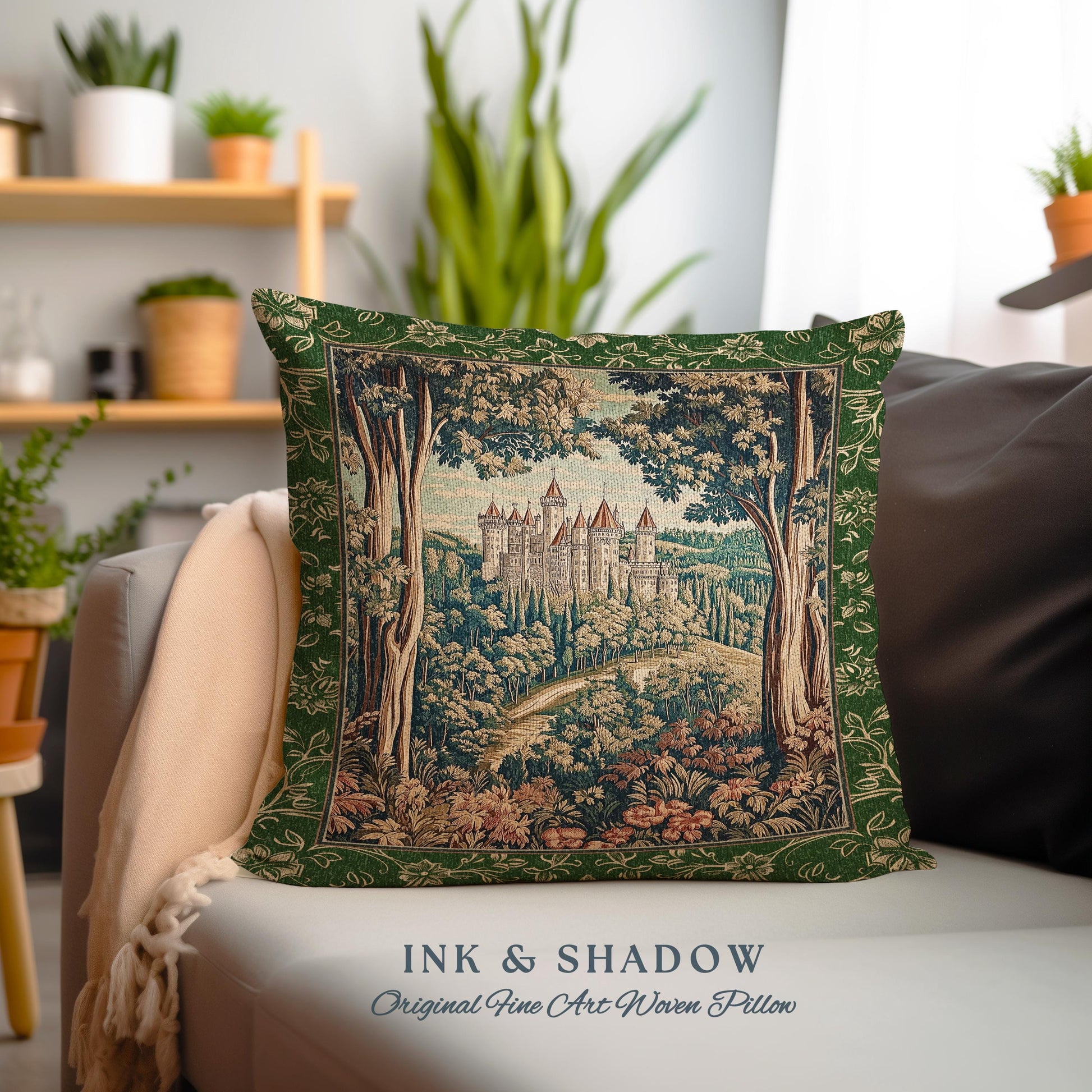 Fairytale Aesthetic Castle Tapestry Pillow Fairycore Folklore Inspired Decor | Magical Woodland Bedroom Whimsigothic Ethereal Forest Cushion