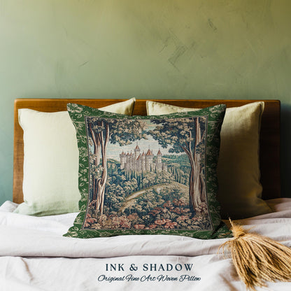 Fairytale Aesthetic Castle Tapestry Pillow Fairycore Folklore Inspired Decor | Magical Woodland Bedroom Whimsigothic Ethereal Forest Cushion