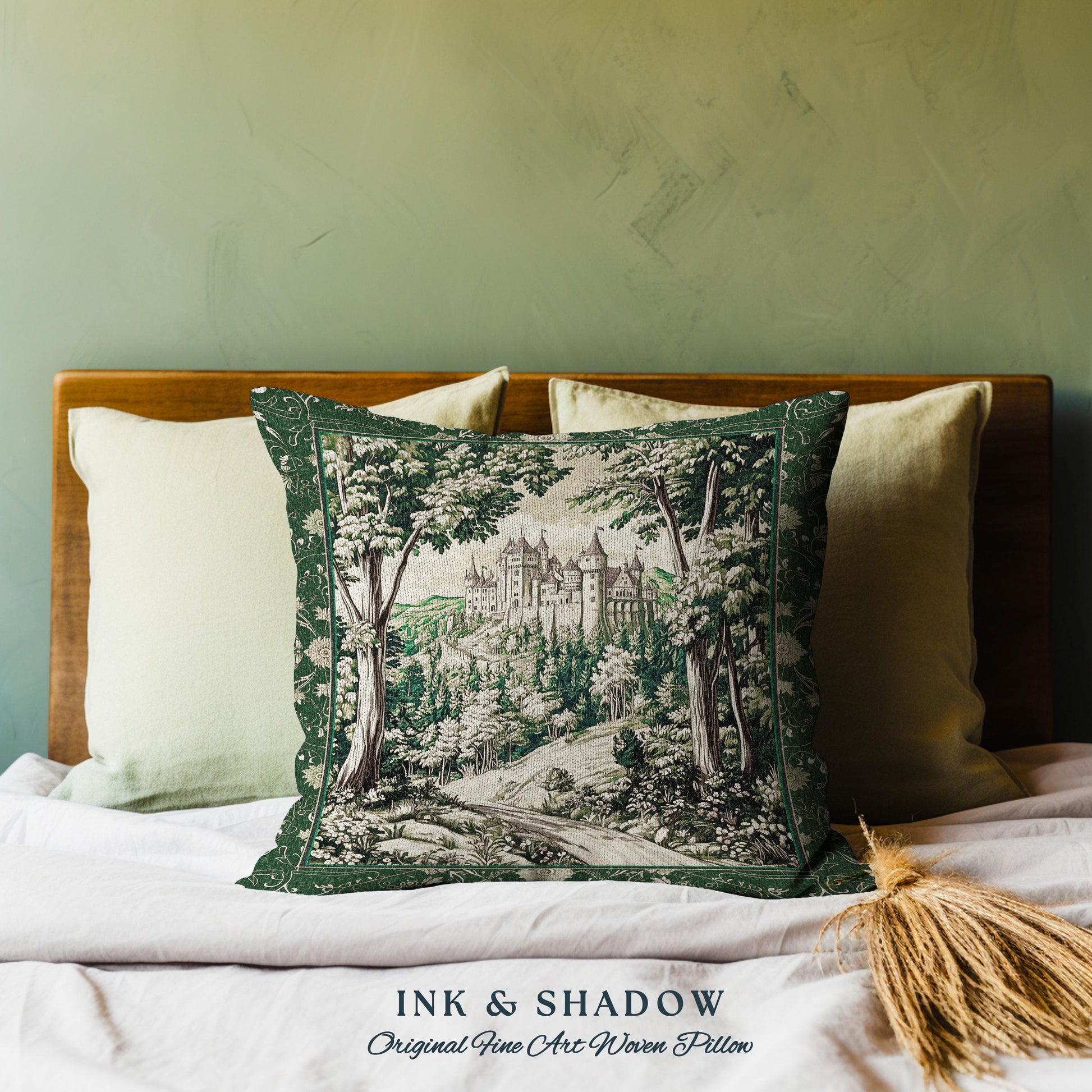 Fairytale Forest Botanical Throw Pillow | Mystic Aesthetic Woodland Home Magical Decor Plant Loving Bedroom Housewarming Gift Emerald Woods