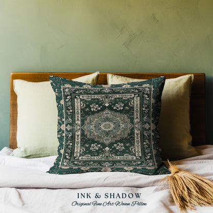 Gothic Maximalist Accent Pillow Bohemian Luxe Ornate Geometric Forest Green & Antique Gold Vintage Victorian Cottagecore Tapestry Cushion