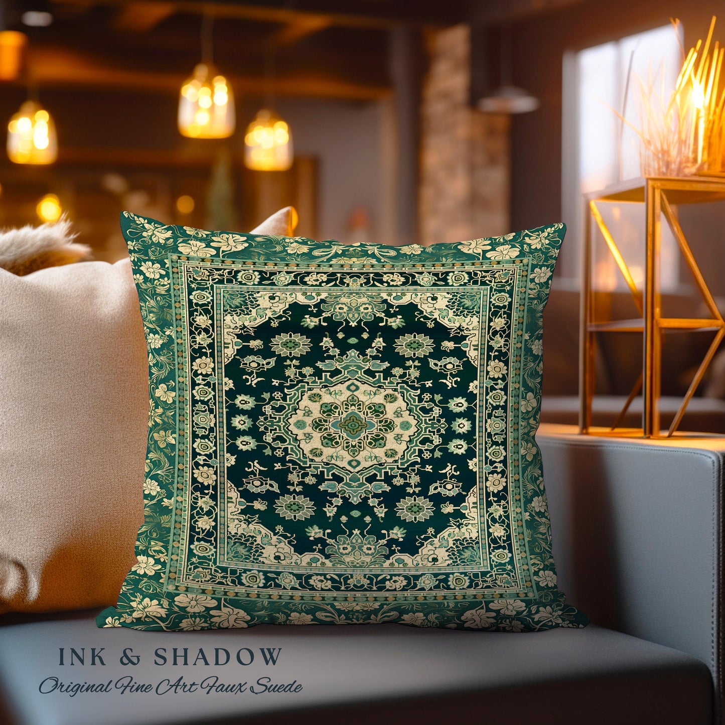 Victorian Gothic Ornate Baroque Pillow Bohemian Emerald Green & Antique Gold Dark Academia Vintage Art Aesthetic Maximalist Tapestry Cushion