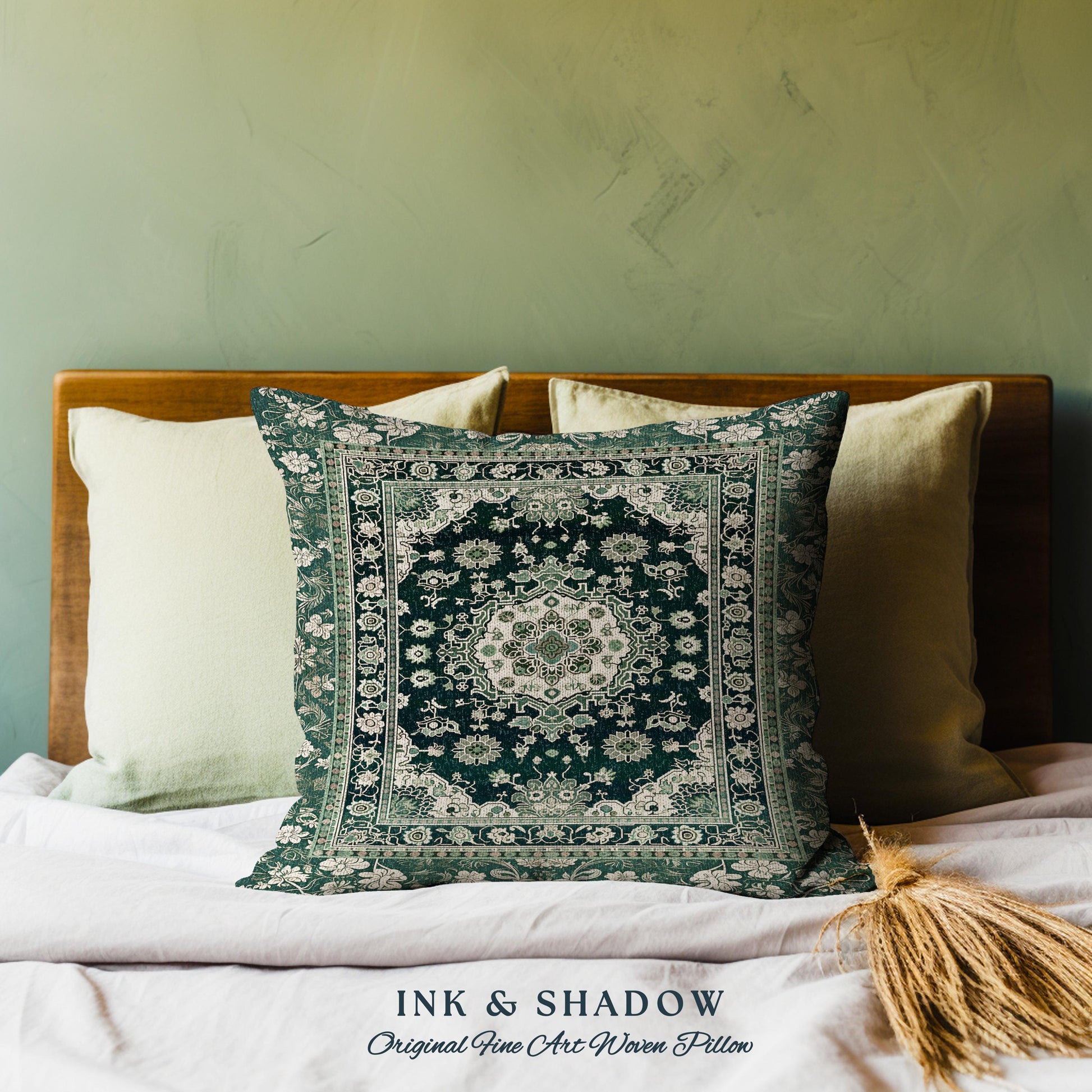 Victorian Gothic Ornate Baroque Pillow Bohemian Emerald Green & Antique Gold Dark Academia Vintage Art Aesthetic Maximalist Tapestry Cushion