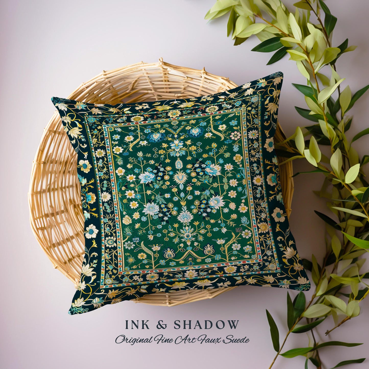 Muted Green Boho Cottagecore Pillow Ornate Victorian Baroque Whimsical Maximalism, Emerald & Pastel Blue Elegant Bohemian Tapestry Cushion