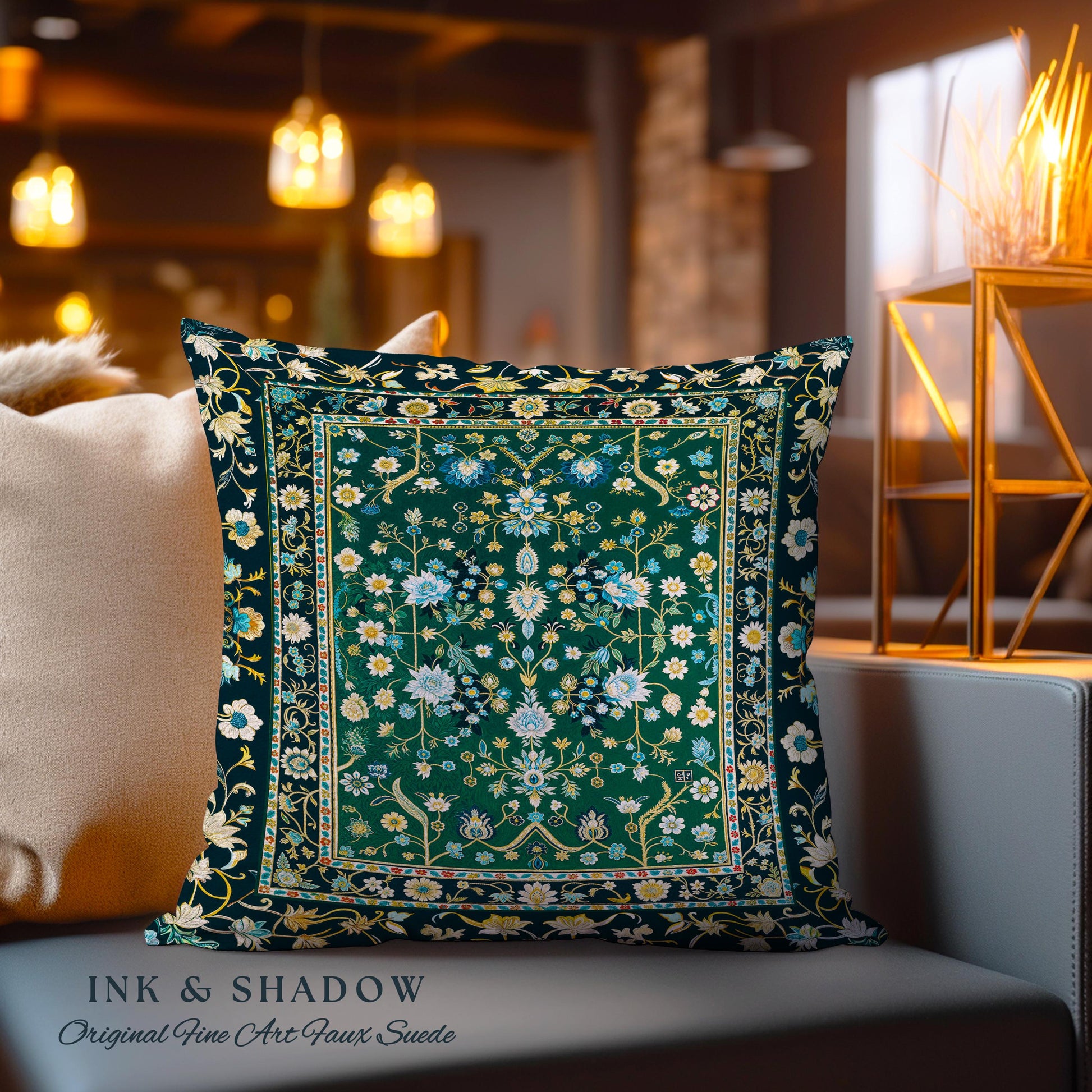 Muted Green Boho Cottagecore Pillow Ornate Victorian Baroque Whimsical Maximalism, Emerald & Pastel Blue Elegant Bohemian Tapestry Cushion