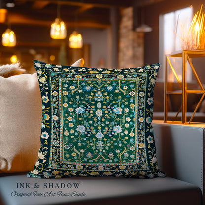 Muted Green Boho Cottagecore Pillow Ornate Victorian Baroque Whimsical Maximalism, Emerald & Pastel Blue Elegant Bohemian Tapestry Cushion