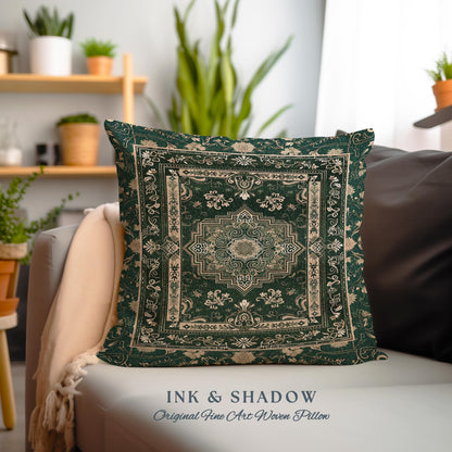 Gothic Maximalist Accent Pillow Bohemian Luxe Ornate Geometric Forest Green & Antique Gold Vintage Victorian Cottagecore Tapestry Cushion