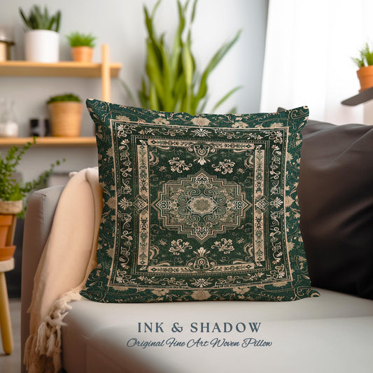 Gothic Maximalist Accent Pillow Bohemian Luxe Ornate Geometric Forest Green & Antique Gold Vintage Victorian Cottagecore Tapestry Cushion