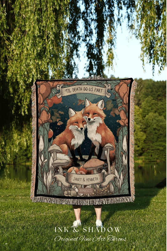 Cottagecore Couples Blanket | Woodland Wedding Gothic Fox Blanket Cute Couples Tapestry Personalized Mr & Mrs Anniversary Blanket Custom |