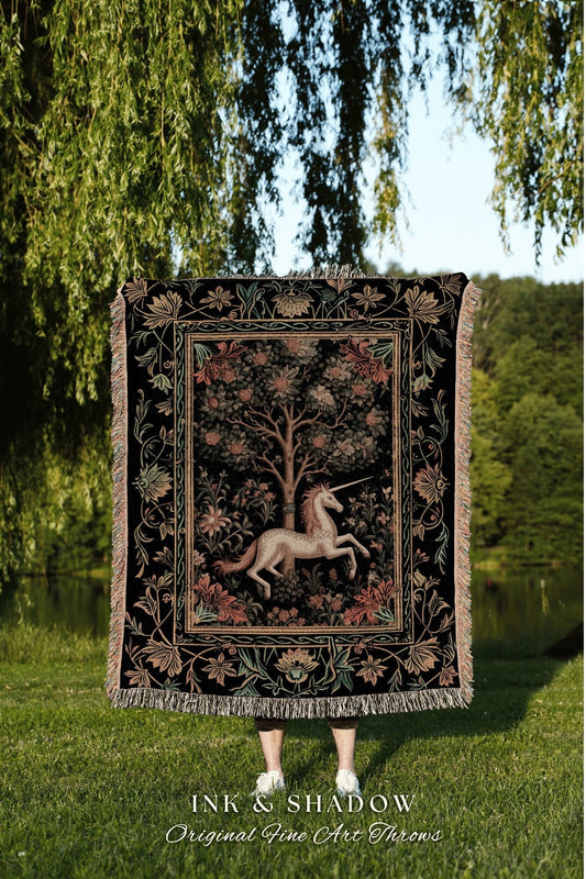 Medieval Unicorn Wall Tapestry | Whimsical Room Decor William Morris Inspired Cottagecore Aesthetic Fairycore Woven Blanket Magical Unicorn