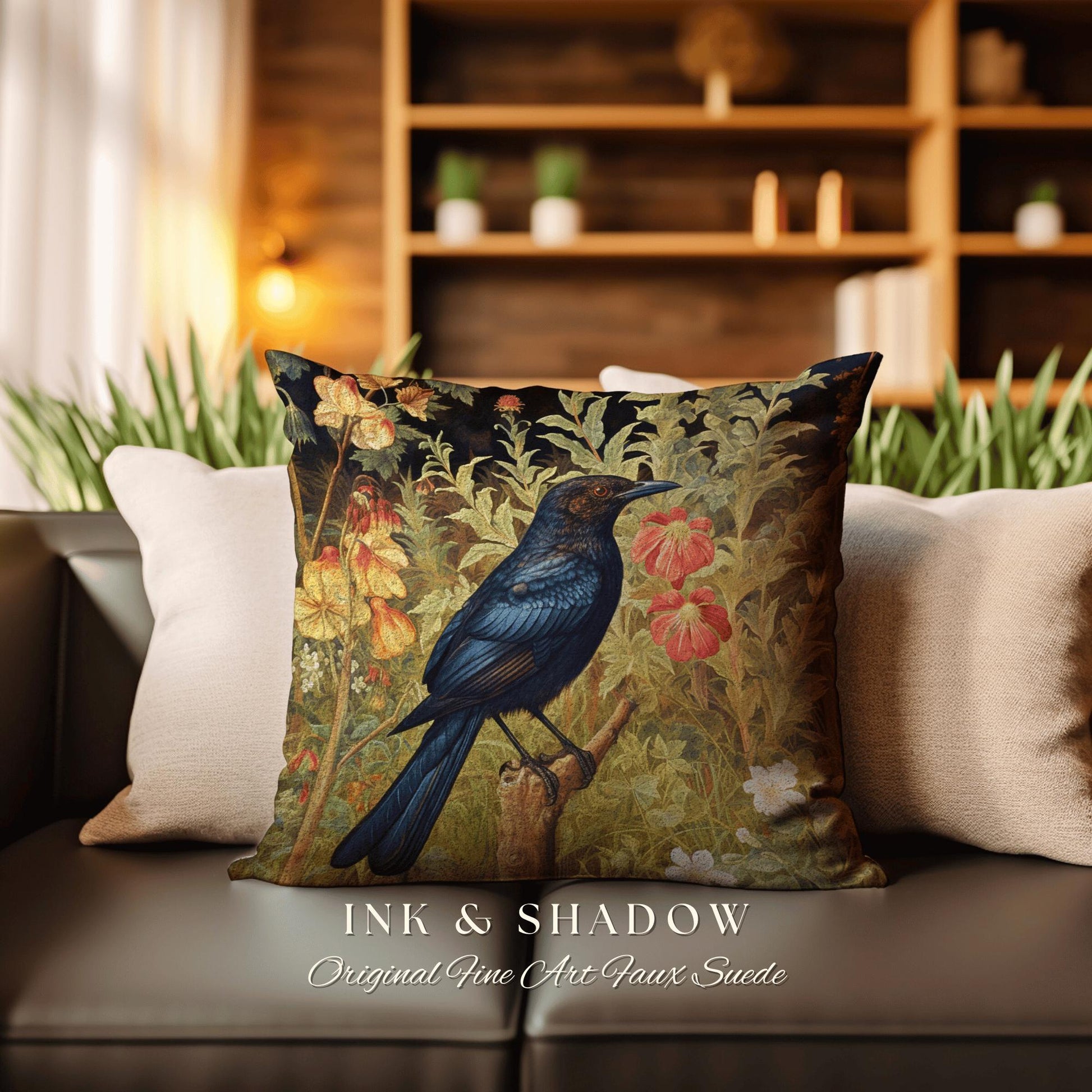 Woodland Gothic Botanical Raven Throw Pillow Vintage Cottgecore Crow Art Tapestry Cushion Rustic Farmhouse Cottagegoth Decor Crowcore Accent