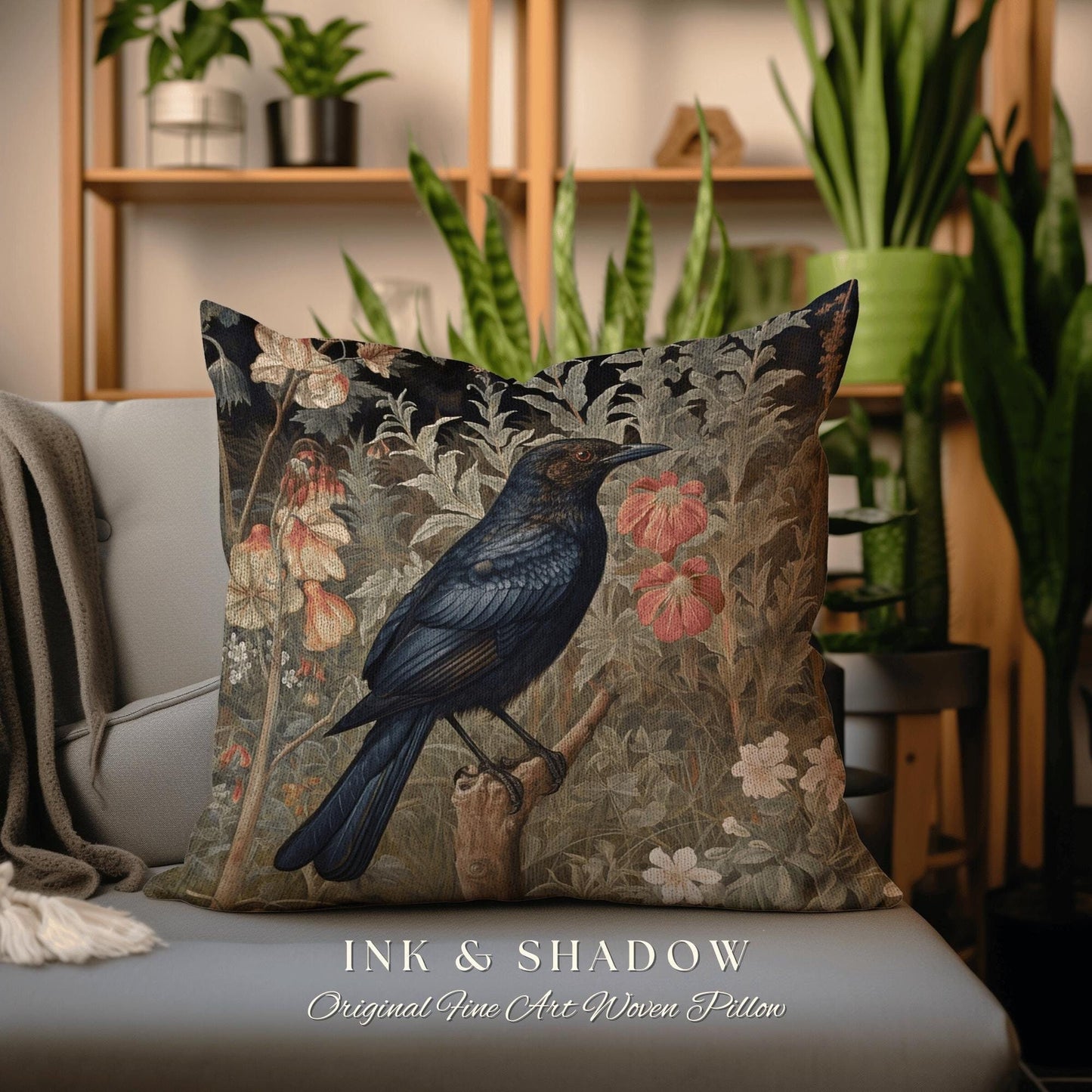 Woodland Gothic Botanical Raven Throw Pillow Vintage Cottgecore Crow Art Tapestry Cushion Rustic Farmhouse Cottagegoth Decor Crowcore Accent